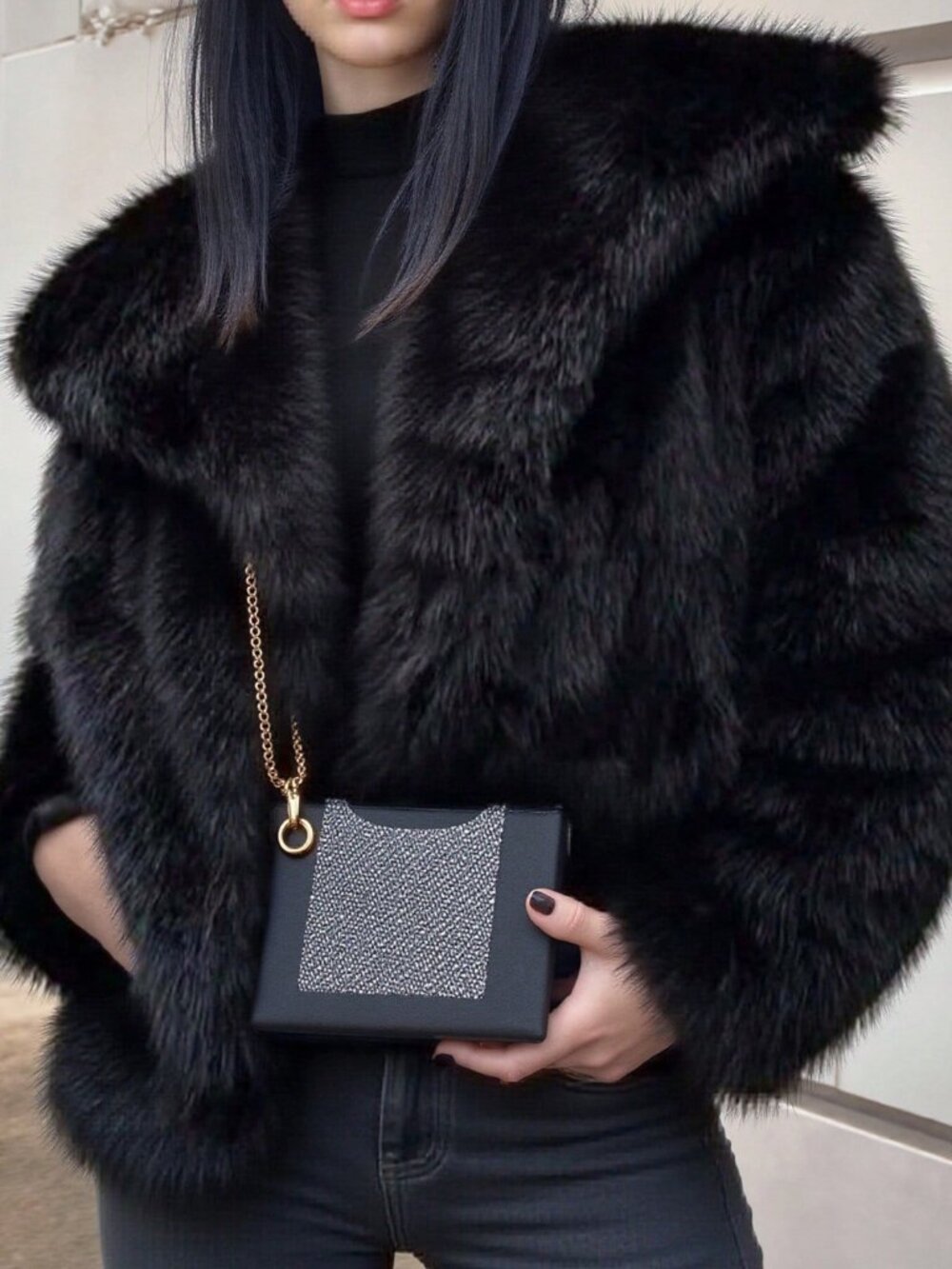 Black Casual Women's Thick Faux Faux Fur Coat